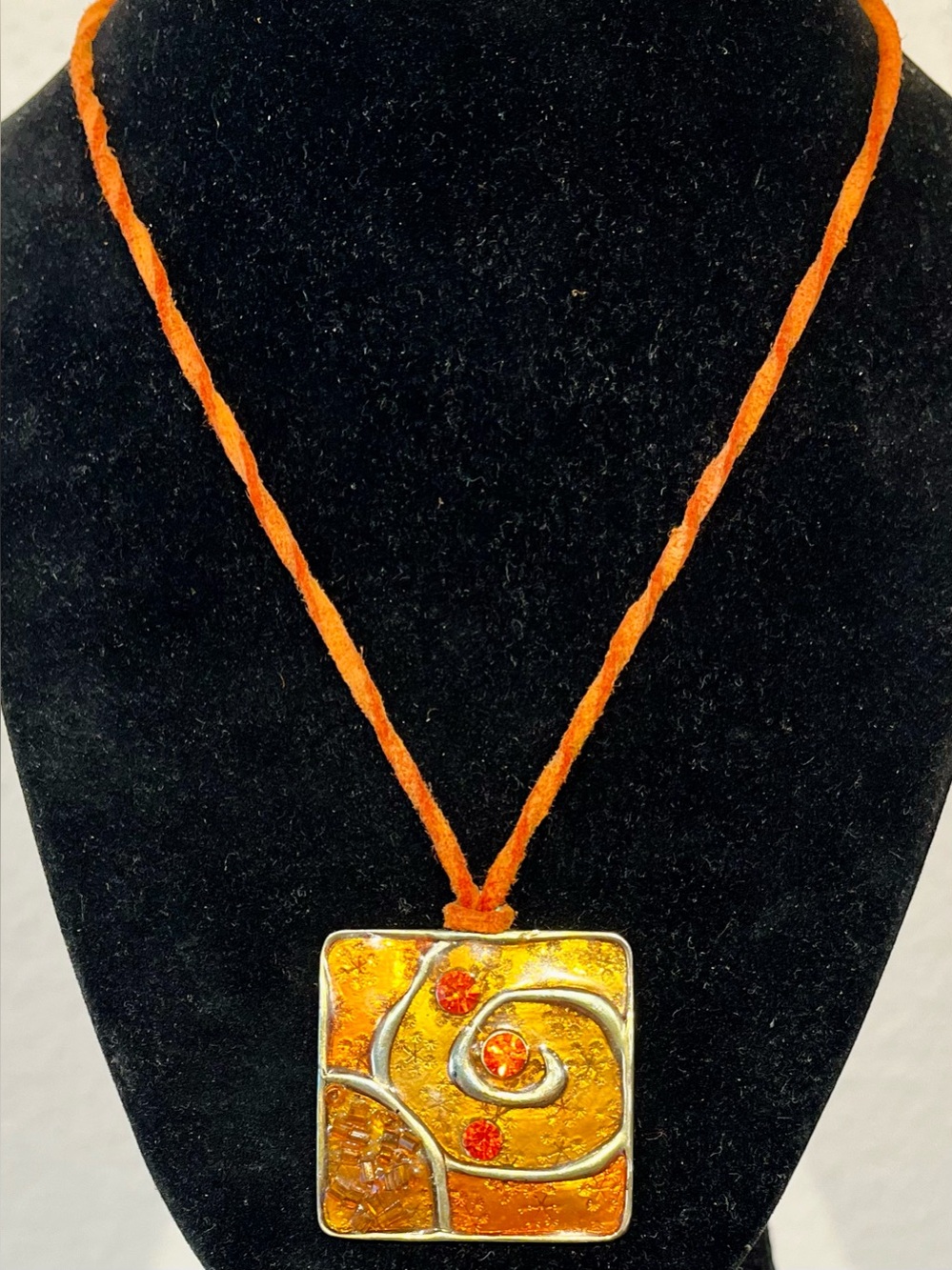 Handmade Orange Metal, Enamel and Crystal Mosaic Pendant Necklace